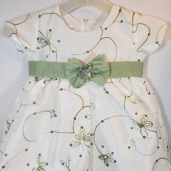Tip Top Dress 12 Month Ruffle Bow Ivory Sage USA Fancy Baby Party - Picture 12 of 12